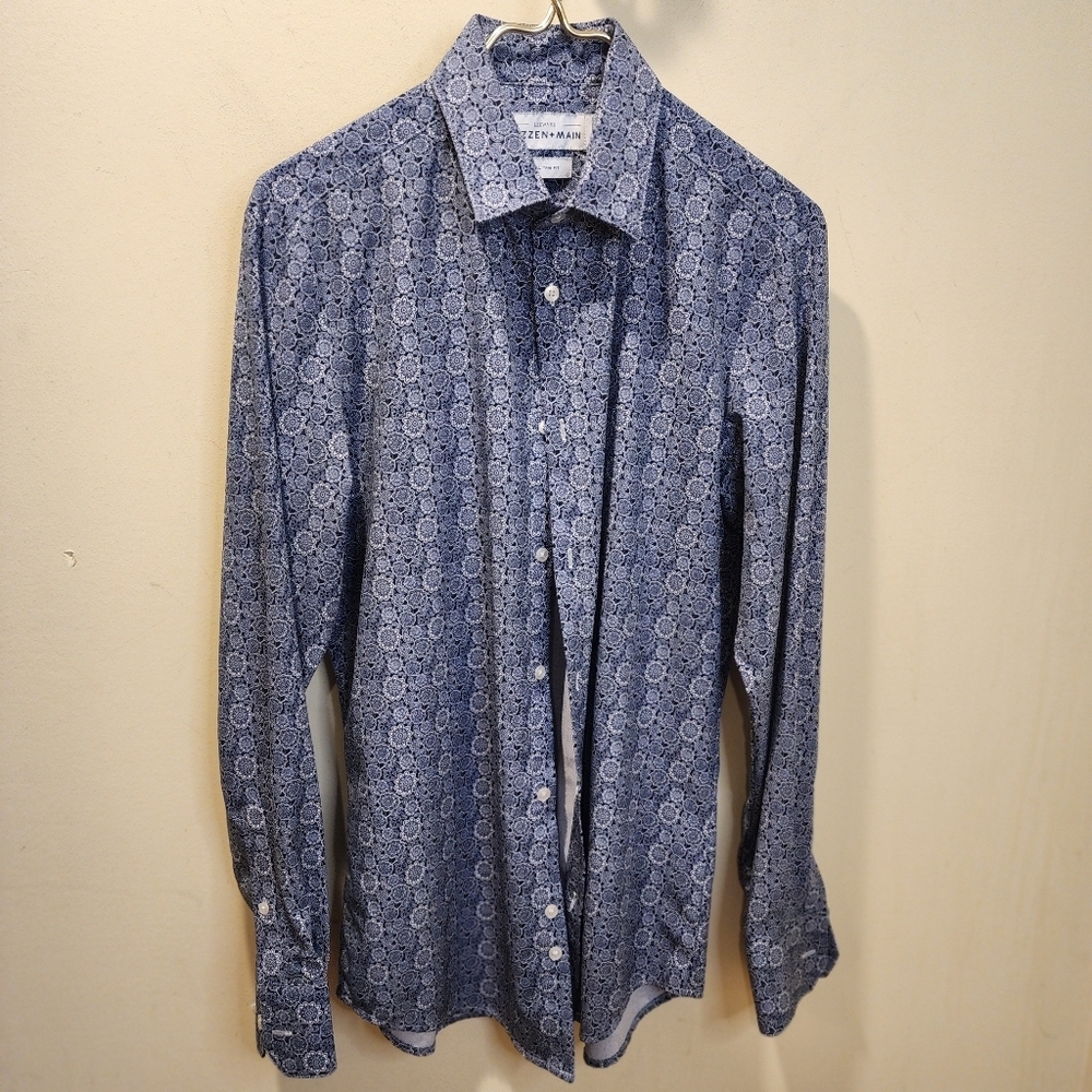 Leeward MIZZEN + MAIN Blue Patterned Button-Up Shirt Men's Size S